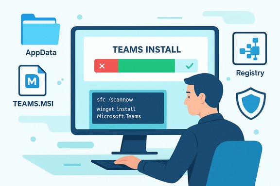 Illustration of a technician installing Microsoft Teams on a computer with a progress bar.