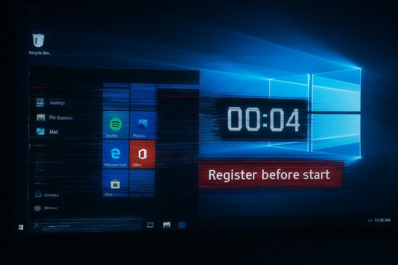 Glitchy Windows screen shows a countdown timer reading 00:04 with a 'Register before start' banner. Glitchy Windows screen shows a countdown timer reading 00:04 with a 'Register before start' banner.