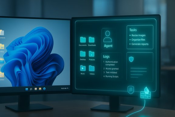 Dual monitors display a Windows desktop alongside a glowing neon holo-interface showing Tasks, Agent, and Logs.
