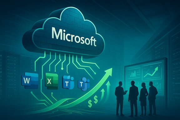 Microsoft cloud in a data center with Office icons and upward growth arrows.