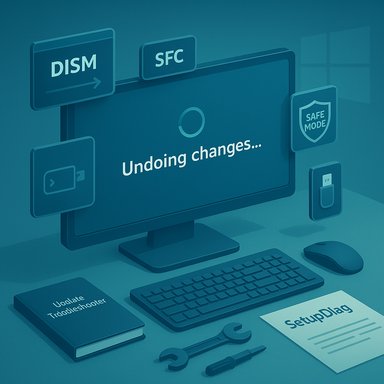 A computer setup with “Undoing changes...” on screen, flanked by DISM, SFC and Safe Mode icons.