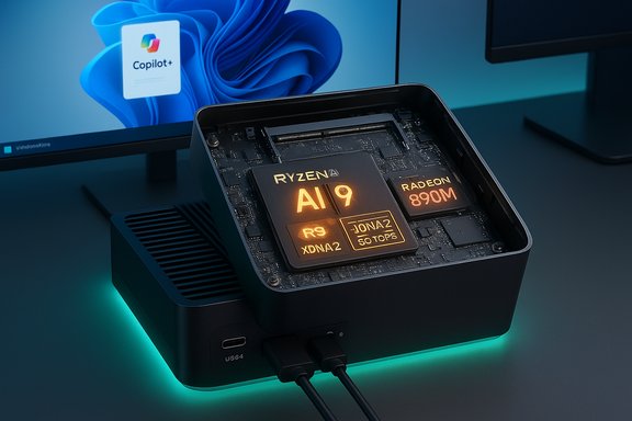 A compact AI PC with Ryzen AI 9 and Radeon 890M chips, exposed motherboard and teal glow.