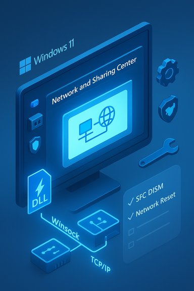 Blue isometric Windows 11 Network and Sharing Center interface with network icons and tools.