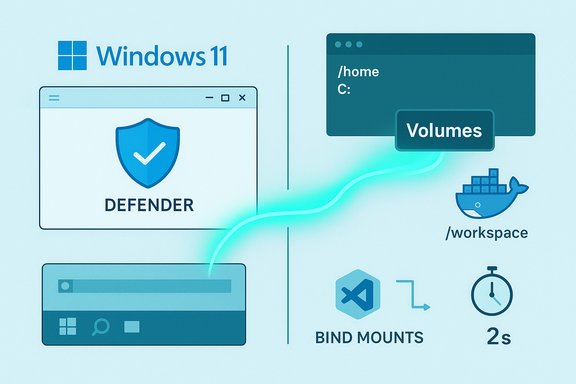 Windows 11 workflow: Defender shield, C:/home volumes, Docker workspace, bind mounts, and a 2s timer.