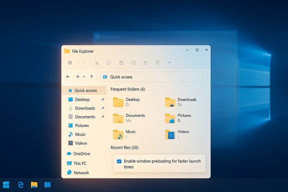Windows File Explorer open on a blue Windows desktop, showing Quick Access and common folders.