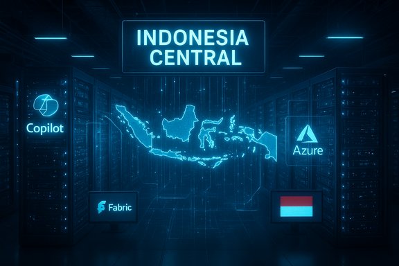 A neon-blue data center with an Indonesia Central sign, featuring a holographic map and Copilot, Azure, Fabric logos.