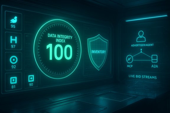 Futuristic teal HUD showing Data Integrity Index 100 and an Inventory shield.