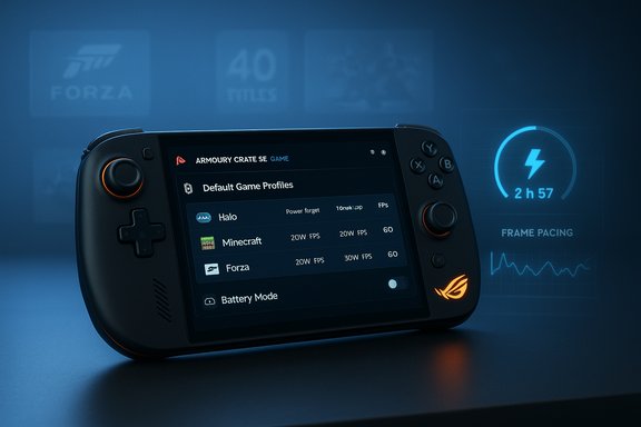 A handheld gaming device displays Armoury Crate SE with default profiles for Halo, Minecraft, and Forza. A handheld gaming device displays Armoury Crate SE with default profiles for Halo, Minecraft, and Forza.
