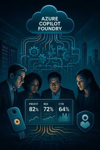 Four professionals study a cloud-based Azure Copilot Foundry dashboard displaying profit, ROI, and CTR.