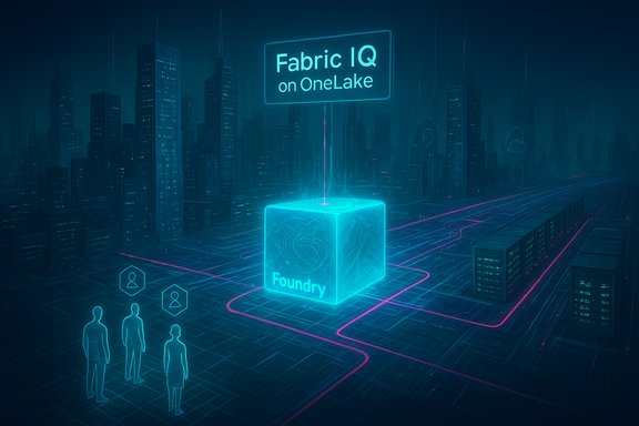 A neon-lit futuristic cityscape with a glowing Foundry cube and a sign reading 'Fabric IQ on OneLake'.