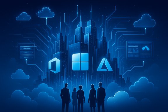 A futuristic blue cityscape with circuit lines and cloud icons surrounding a glowing Windows logo.