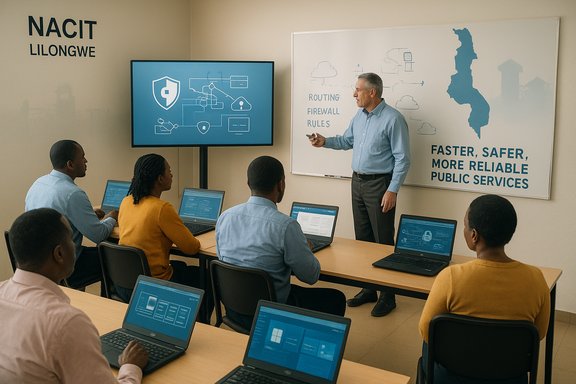 An instructor leads a cybersecurity training session on firewall rules to students with laptops.