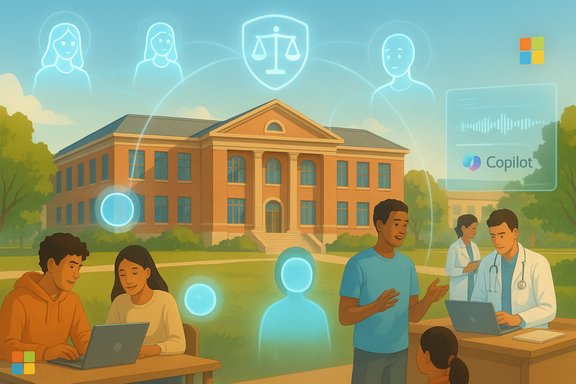Campus scene with students, a doctor, and holographic AI icons for health and law.