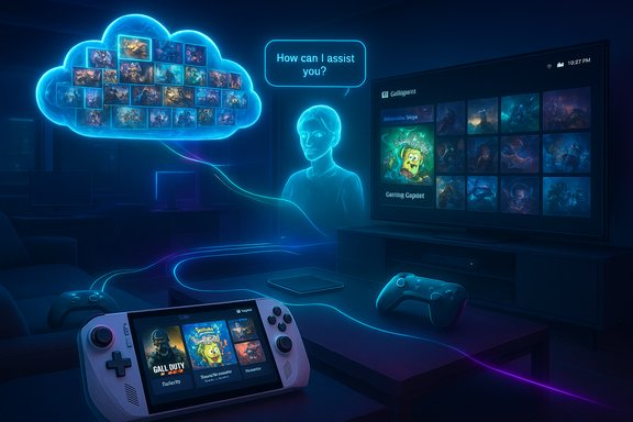 Neon-lit cloud-gaming setup with a holographic assistant, large game library, and handheld console.
