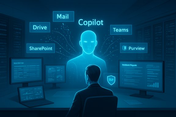IT professional monitors a blue holographic Copilot coordinating cloud apps like Mail, Drive, SharePoint, Teams.