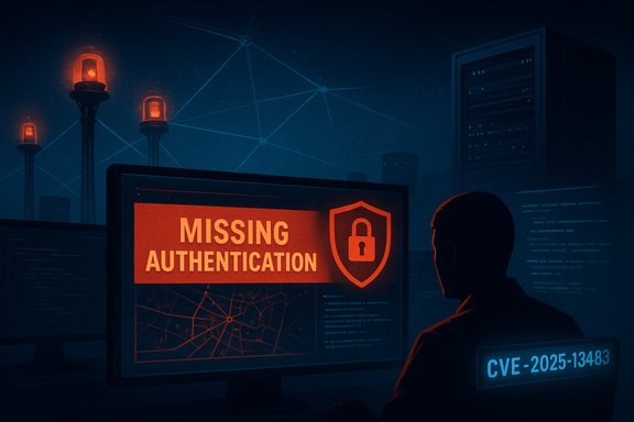 Silhouette analyst monitors a screen reading 'MISSING AUTHENTICATION' in a dark cybersecurity ops room.