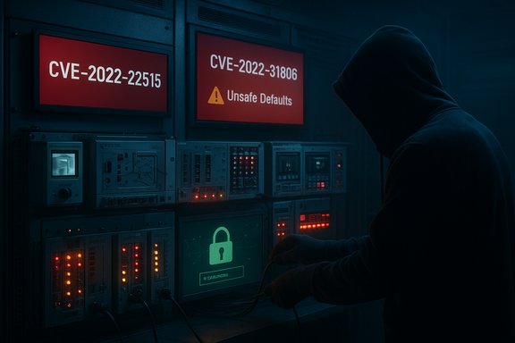 A hooded figure in a dark server room monitors red CVE alert screens.