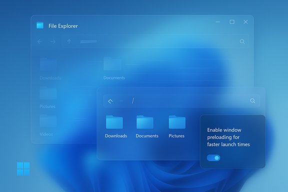 Blue translucent Windows File Explorer with floating panels showing Downloads, Documents and Pictures.