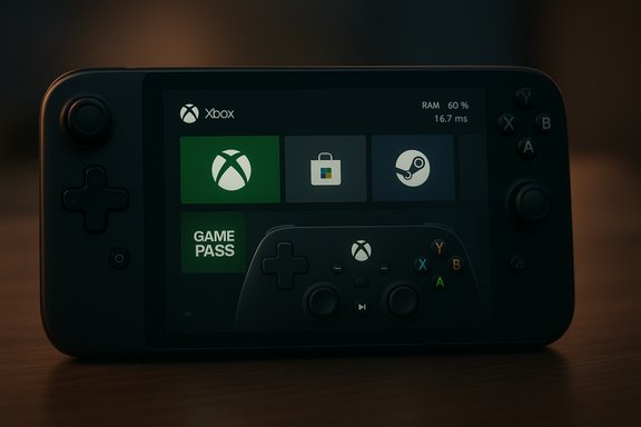 Close-up of a handheld gaming console displaying the Xbox home screen with a Game Pass tile. Close-up of a handheld gaming console displaying the Xbox home screen with a Game Pass tile.