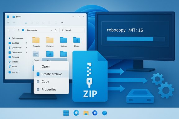 Blue-toned desktop showing a file explorer window, a ZIP icon, and a progress screen with robocopy /MT:16.
