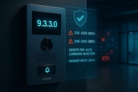Zenitel security panel displaying 9.3.3.0 alongside a holographic CVE threat dashboard.