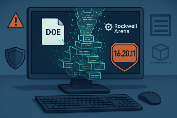 DOE file floods a glowing server stack on screen, with Rockwell Arena badge and warning icon.
