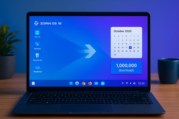 Laptop displays Zorin OS 18 desktop with calendar widget and a 1,000,000 downloads badge.