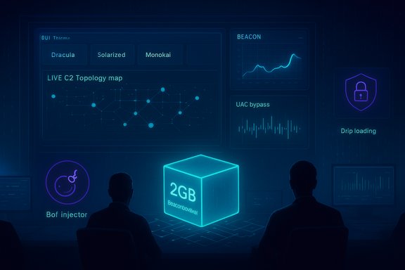 Two analysts monitor a neon holographic dashboard with a glowing 2GB cube and topology graphs.
