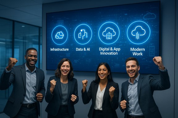 Four smiling professionals celebrate in front of a blue tech strategy screen.
