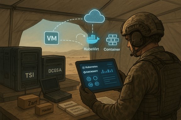 A soldier in a desert tent monitors Kubernetes, KubeVirt, and containers on a tablet.