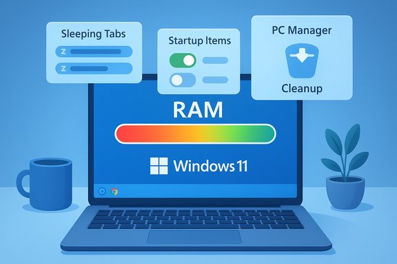 Blue Windows 11 laptop showing RAM status with panels for Sleeping Tabs, Startup Items, and PC Manager Cleanup.
