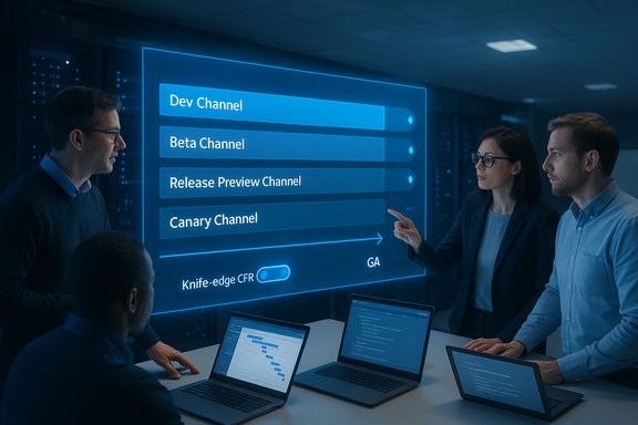 Team analyzes a holographic interface listing software release channels in a server room.