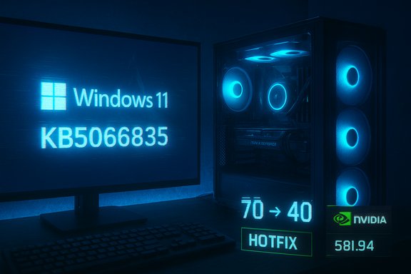 Blue-lit PC setup shows Windows 11 KB5066835 on the monitor beside a neon-glowing gaming tower.