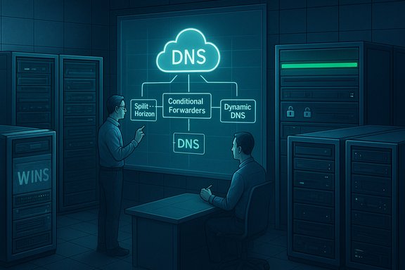 Two engineers discuss a DNS diagram projected on a wall in a data center. Two engineers discuss a DNS diagram projected on a wall in a data center.