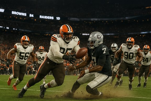 Browns defender lunges for the ball as Raiders QB is tackled, dust flying.