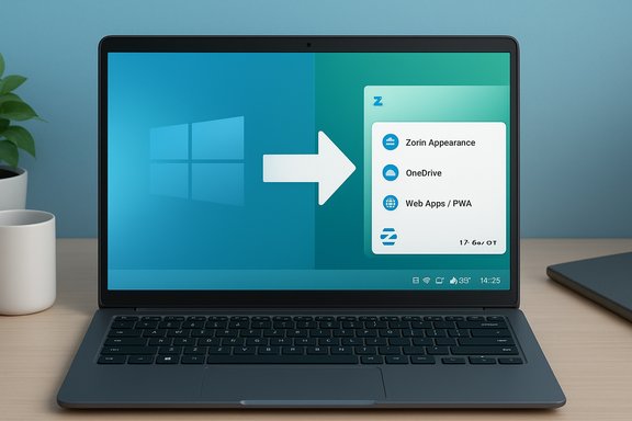 Laptop displays Windows desktop transitioning to a Zorin OS app panel.