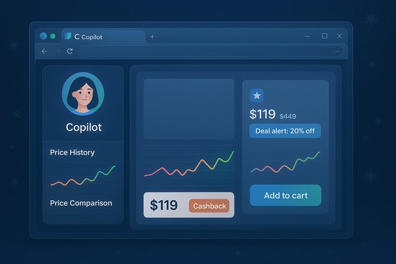 A dark blue Copilot dashboard displaying price history, comparisons, and a $119 deal with an Add to cart button.