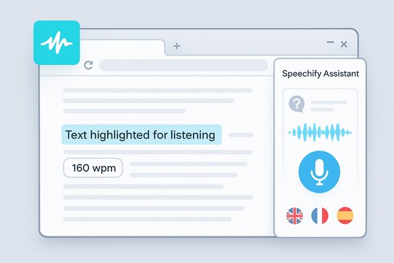 Web browser UI with a Speechify assistant panel highlighting text for listening at 160 wpm.