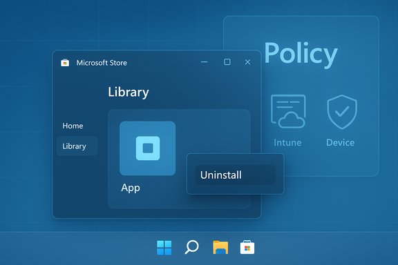 A blue Windows-like UI showing Library and Policy panels with an Uninstall option.