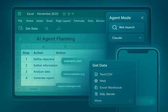 Teal Excel-style UI showing AI Agent Planning workflow with steps and data sources.