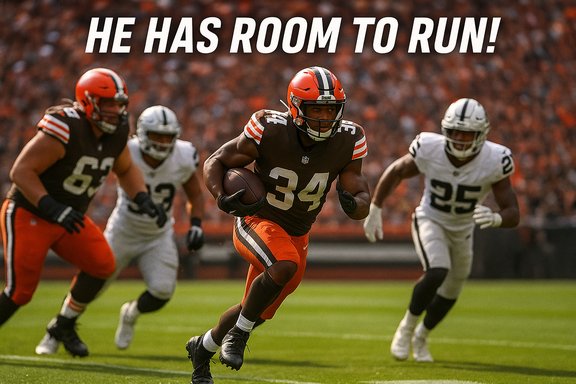 Browns running back #34 bursts downfield with room to run.