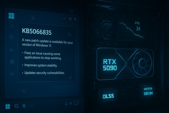 Windows 11 patch KB5066835 shown beside a futuristic PC with a glowing RTX 5090 GPU.