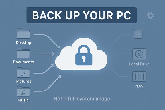 Back up your PC: folders like Desktop, Documents, Pictures, and Music to cloud or NAS, not a full system image.