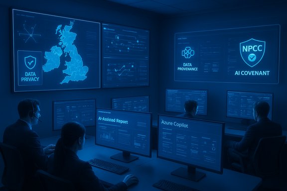 Blue-tinted control room with analysts monitoring data privacy, provenance, and AI covenant dashboards.