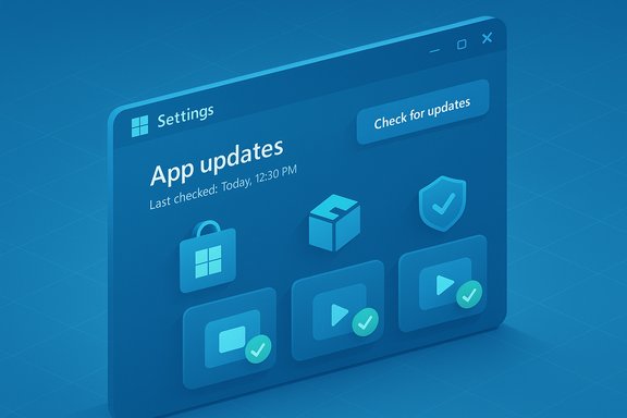 Blue 3D settings panel showing app updates and a Check for updates button.