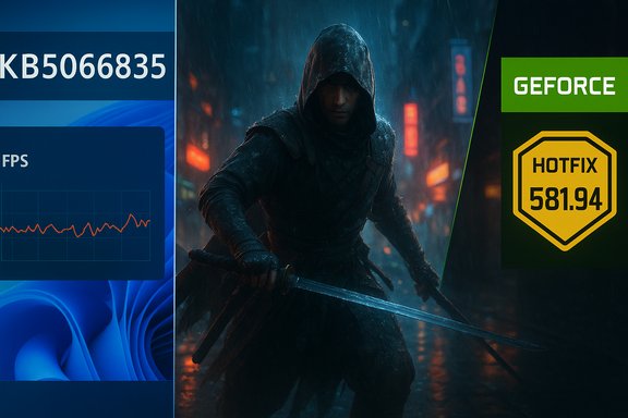 Hooded warrior in the rain wields a sword, framed by neon FPS UI and a GeForce hotfix panel.