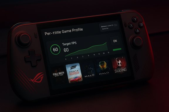 Handheld gaming console screen displays a per-title profile with a 60 FPS target and game thumbnails. Handheld gaming console screen displays a per-title profile with a 60 FPS target and game thumbnails.