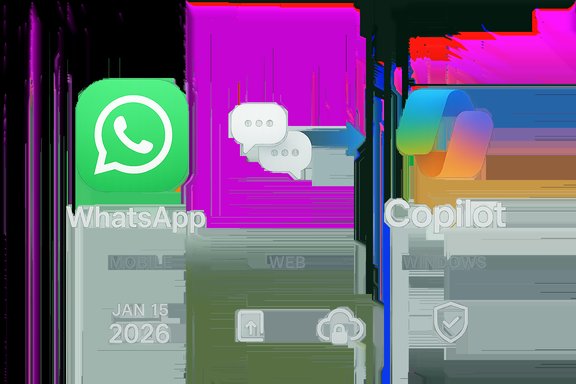 Neon icons show WhatsApp connecting to Copilot across devices.