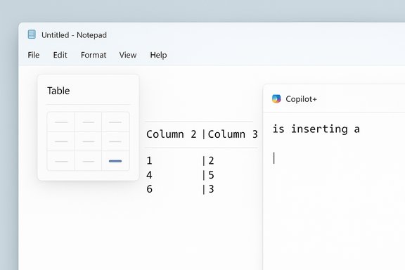 A Notepad-style window showing a Table tool and a Copilot+ panel.