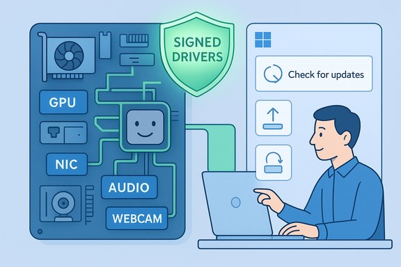 A person at a laptop beside a PC motherboard schematic highlighting signed drivers and a check-for-updates panel.